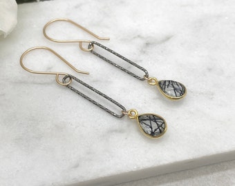 Earrings with Gold Bezel Set Rutilated Quartz and Oxidized, Silver Paperclip Loops on Handmade, Gold Filled Earring Wires GCHE-74