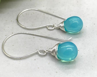 Earrings with Large French Earring Wires and Wrapped, Large Aqua Blue Glass Teardrops