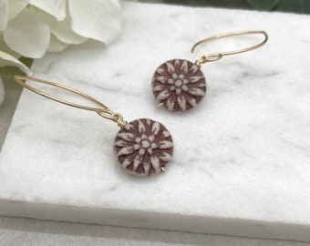 Earrings Made with 14k Gold Filled Wire with Cream and Brown Czech Glass Flower Beads GHE-145