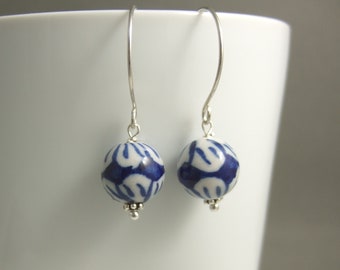 Earrings with Blue and White Ceramic Beads, Wire Wrapped with Sterling Silver Wire HE-494