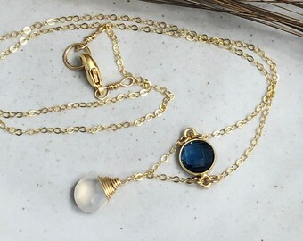 Necklace with a Bezel Set London Blue Topaz and Wrapped Pearl Chalcedony Teardrop on a Gold Filled Chain GCDN-129