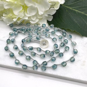 Crocheted Necklace or Bracelet with a Light Grey Cord and Green Teal, Firepolished, Czech Glass Beads SN-592