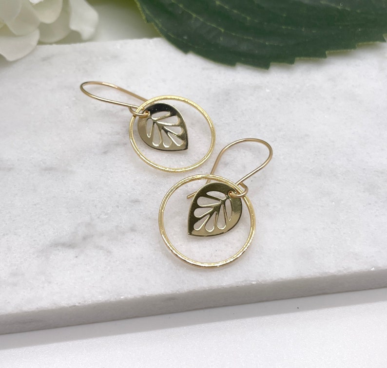 Earrings with Gold Plated Leaves and Gold Plated Loops on 14k Gold-Filled Earring Wires GCHE-56 image 5