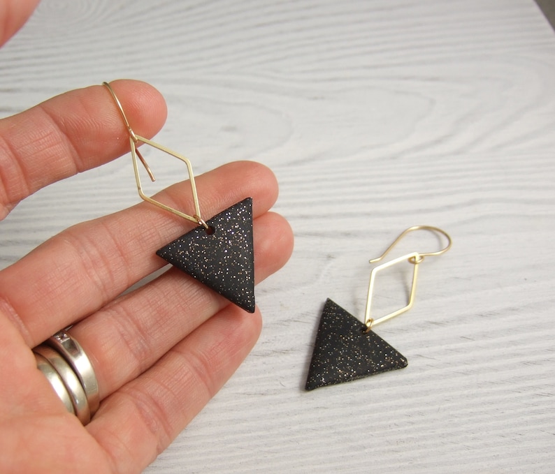 Black Polymer Clay and Brass Diamonds on 14k Gold Filled Earring Wires PCE-84 Earrings made with Triangles of Sparkly