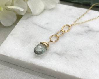 Necklace with Textured, Oval 14k Gold Filled Chains Links and a Green Quartz Teardrop on a 14k Gold-Filled Cable Chain GCDN-164