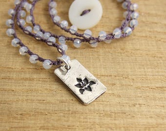 Crocheted Necklace with a French Lavender Cord, Tiny, Milky Crystal AB Beads and a Rectangular, PMC Pendant with an Orchid Design SN-351