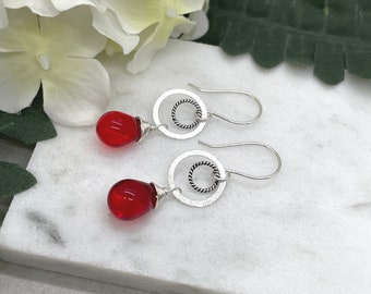 Earrings with Silver Brushed Loops, Oxidized Braided Loops and Wire Wrapped Red Glass Teardrops on Sterling Silver Earring Wires CHE-470