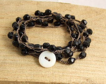 Crocheted Necklace or Bracelet, Long, 36 Inches with a Brown Cord and Black, Czech Glass Beads SN-390
