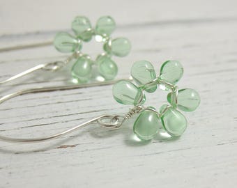 Earrings with Tiny Light Green Glass Teardrop Flowers on Large French Earring Wires FE-41