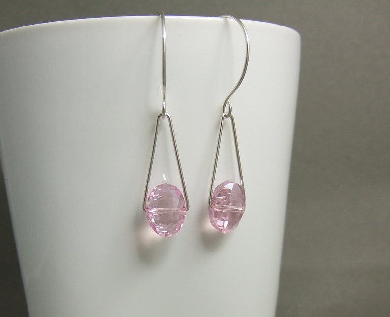 Earrings with Pink Crystal Glass Beads on Sterling Silver Triangles and Earring Wires CHE-367