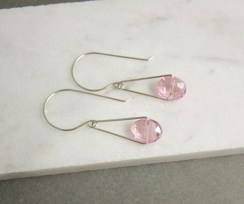 Earrings with Pink Crystal Glass Beads on Sterling Silver Triangles and Earring Wires CHE-367