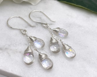 Earrings with Cascades of Wire Wrapped Rainbow Quartz Teardrops on Sterling Silver Chains and Earring Wires CE-282