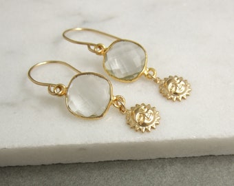 Earrings with Bezel Set Quartz Stones and 14k Gold-Filled Sun Charms,  Wire Wrapped to 14k Gold-Filled Earring Wires GHE-70