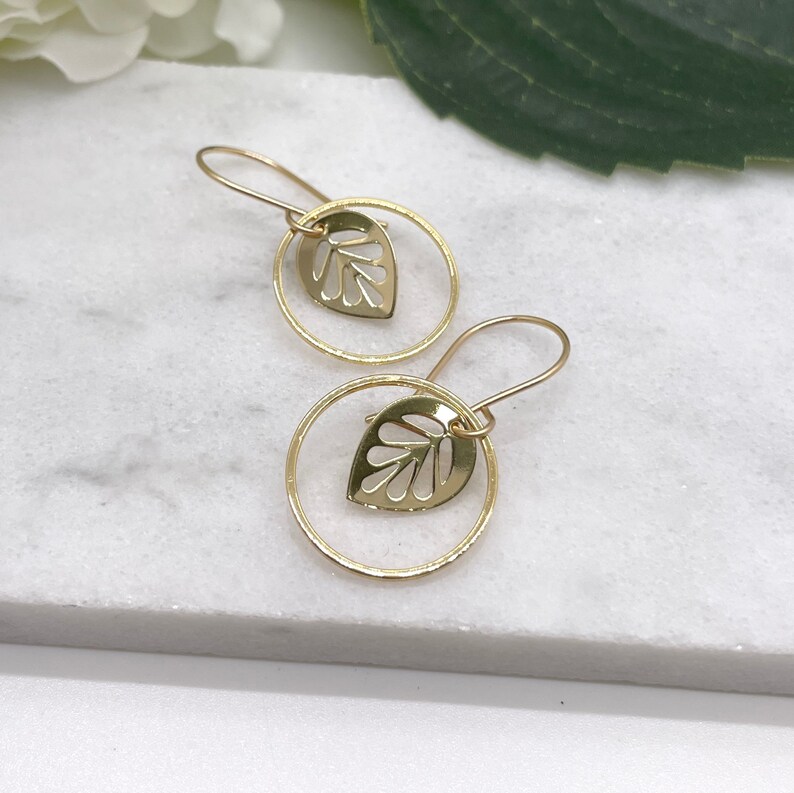 Earrings with Gold Plated Leaves and Gold Plated Loops on 14k Gold-Filled Earring Wires GCHE-56 image 2