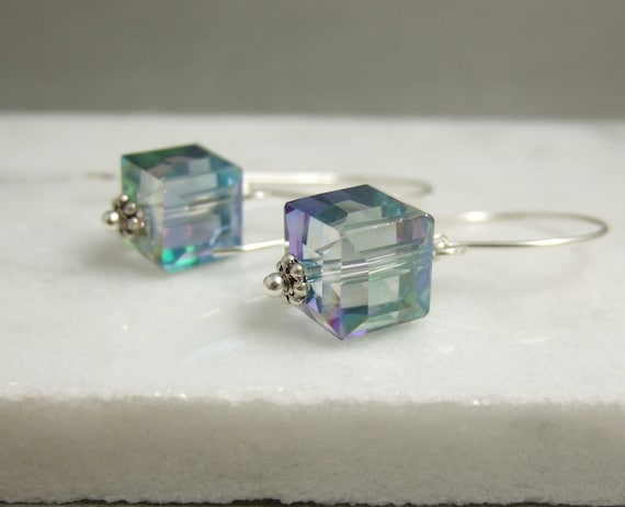Earrings with Blue Green AB Crystal Cube Beads on Large | Etsy