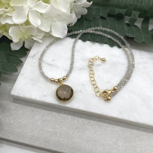 Beaded Necklace with Labradorite Beads, Gold Filled Seamless Beads and a Bezel Set Smokey Quartz Pendant GCDN-166