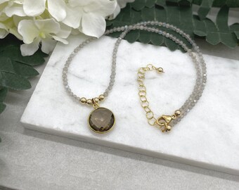 Beaded Necklace with Labradorite Beads, Gold Filled Seamless Beads and a Bezel Set Smokey Quartz Pendant GCDN-166