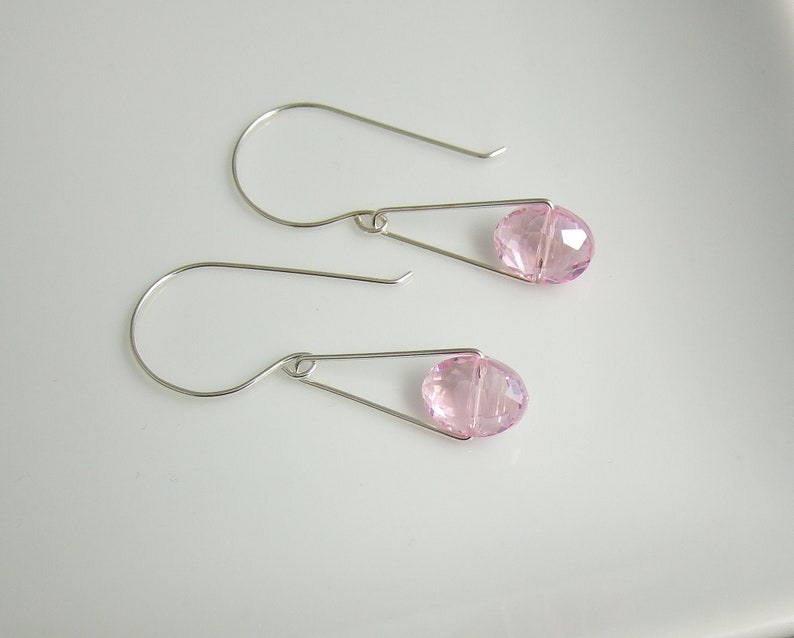 Earrings with Pink Crystal Glass Beads on Sterling Silver Triangles and Earring Wires CHE-367