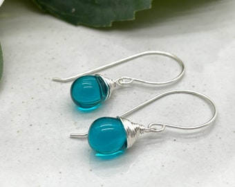 Earrings with Large French Earring Wires and Wrapped, Large Blue Glass Teardrops