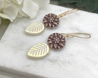 Earrings Made with 14k Gold Filled Wire with Cream and Brown Czech Glass Flower Beads and Cream Leaf Beads GHE-146