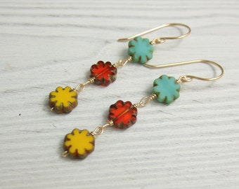 Earrings with Blue, Red and Yellow, Czech Glass Flower Beads Wire Wrapped with 14k Gold Filled Wire GHE-30