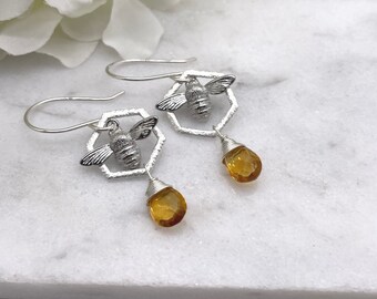 Earrings with Brushed Silver Hexagons, Silver Plated Bees and Wire Wrapped Citrine Teardrops on Sterling Silver Earring Wires CHE-451