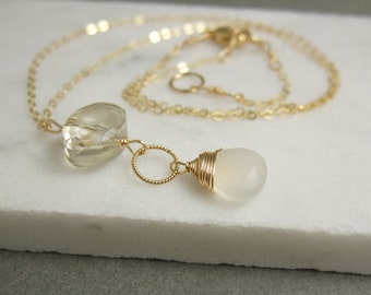Necklace with an Oval, Champagne Crystal, Pearl Chalcedony Teardrop and Braided Loop on a 14k Gold Filled Chain GCDN-97