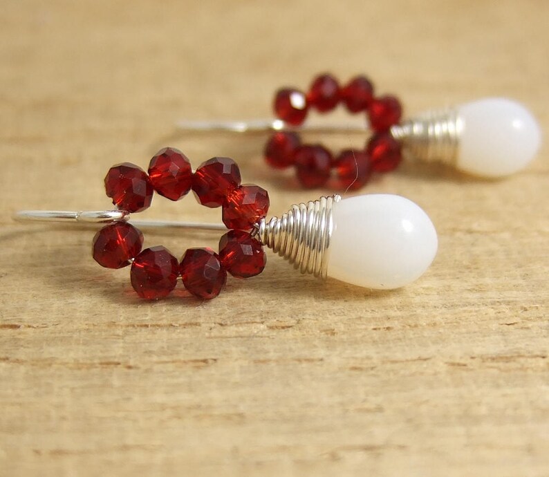 Earrings with Tiny Red Crystal Beads and Milky White Glass Etsy