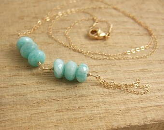 Necklace with Amazonite Beads and 14 K Gold Filled Chain Drops Wire Wrapped with Gold Filled Wire GCDN-13