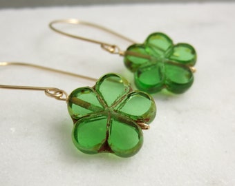 Earrings with Green and Gold, Czech Glass Flower Beads Wire Wrapped with Gold Filled Wire GHE-41