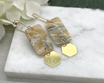 Earrings made with Grey, Green and Gold Marbled Polymer Clay Rectangles and Gold Plated Hexagons on 14k Gold Filled Earrings Wires PCE-631