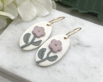 Earrings made with White Textured Polymer Clay Ovals with Pink and Sage Gray Flowers on 14k Gold Filled Earrings Wires PCE-636