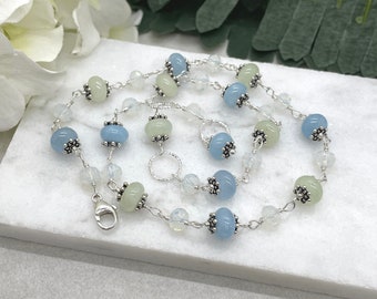 Necklace with Sterling Silver, Wire Wrapped Jade, Bali Beads and Milky Crystal Beads BN-112