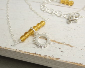 Necklace with Orange Glass Beads and a Sterling Silver Sun, Wire Wrapped to a Sterling Silver Calbe Chain with Sterling Silver Wire CDN-767