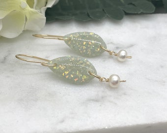 Earrings made with Blue Opal Polymer Clay Teardrops and Freshwater Pearls on 14k Gold Filled Earring Wires PCE-639