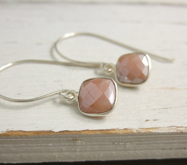Earrings with Sterling Silver Bezel Set Square Peach Moonstones on Sterling Silver Earring Wires HE-489