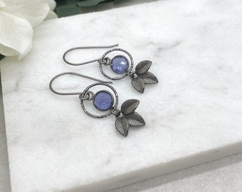 Earrings Made with Oxidized Silver Loops, Oxidized Bezel Set Iolite and Oxidized Silver Leaves CHE-463