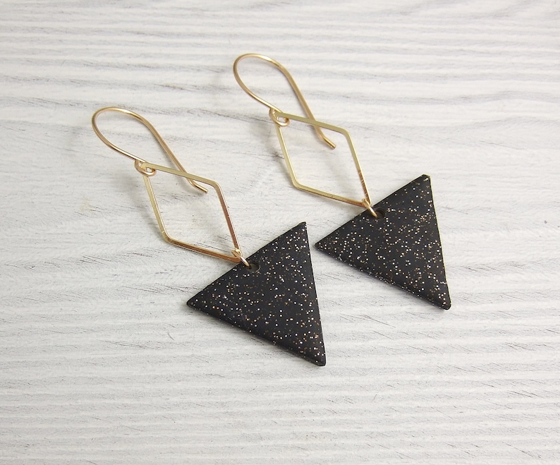 Black Polymer Clay and Brass Diamonds on 14k Gold Filled Earring Wires PCE-84 Earrings made with Triangles of Sparkly