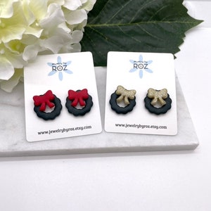 Tiny Holiday Wreath Stud Earrings Made with Polymer Clay and Sterling Silver Posts