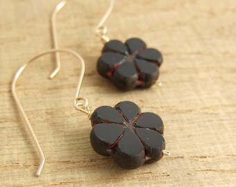 Earrings with Black and Red, Czech Glass Flower Beads Wire Wrapped with Gold Filled Wire GHE-21