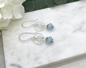 Earrings with Milky Crystal Beads, Daisy Bali Beads and Blue Jade Beads on Diamond Cut Loops and Sterling Silver Earring Wires CHE-467