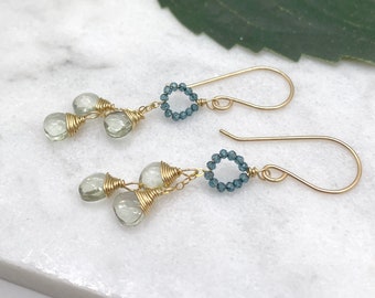 Earrings Made with 14k Gold Filled Wire with a Circle ofBlue Mystic Quartz and a Cascade of Green Amethyst GCE-32