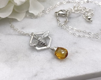 Necklace with a Brushed Sterling Silver Hexagon, a Silver Bee and a Citrine Teardrop Bead Wire Wrapped with Sterling Silver Wire CDN-868