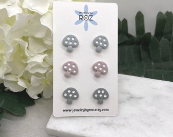 Three pack of Stud Earrings made with Blue, Pink and Sage Polymer Clay Shaped into Mushrooms with White Dots PCE-634