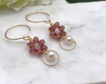 Earrings with Pink Czech Glass Beads, 14k Gold-Filled Loops,  and Pearls Wire Wrapped to 14k Gold-Filled Earring Wires GCE-40