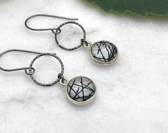 Earrings with Bezel Set Rutilated Quartz on Diamond Cut, Odizied Sterling Silver Loops and Oxidized Sterling Silver Earring Wires CHE-443