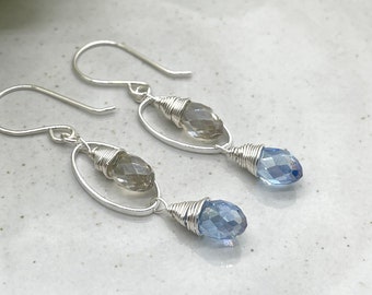 Earrings with Large French Earring Wires, Silver Oval Loops and Wrapped, Blue and Beige Glass Teardrops CHE-437