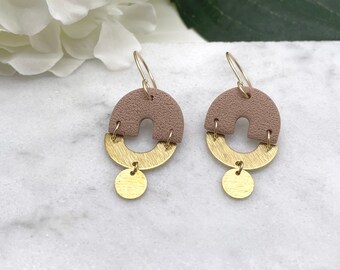 Earrings made with Rosey Beige Polymer Clay Arches, Brass Arches and Brass Circles on 14k Gold Filled Earring Wires PCE-451