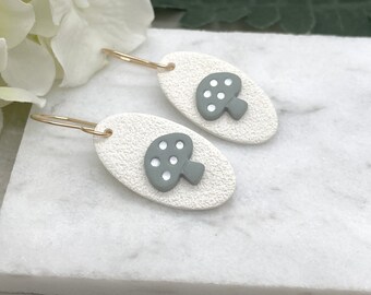 Earrings made with White Textured Polymer Clay Ovals with Sage Gray Mushrooms on 14k Gold Filled Earrings Wires PCE-633