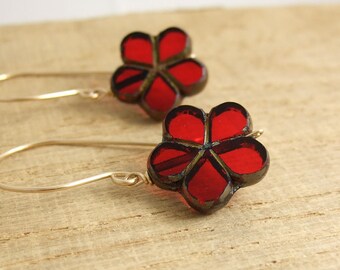 Earrings with Red and Gold, Czech Glass Flower Beads Wire Wrapped with Gold Filled Wire GHE-22